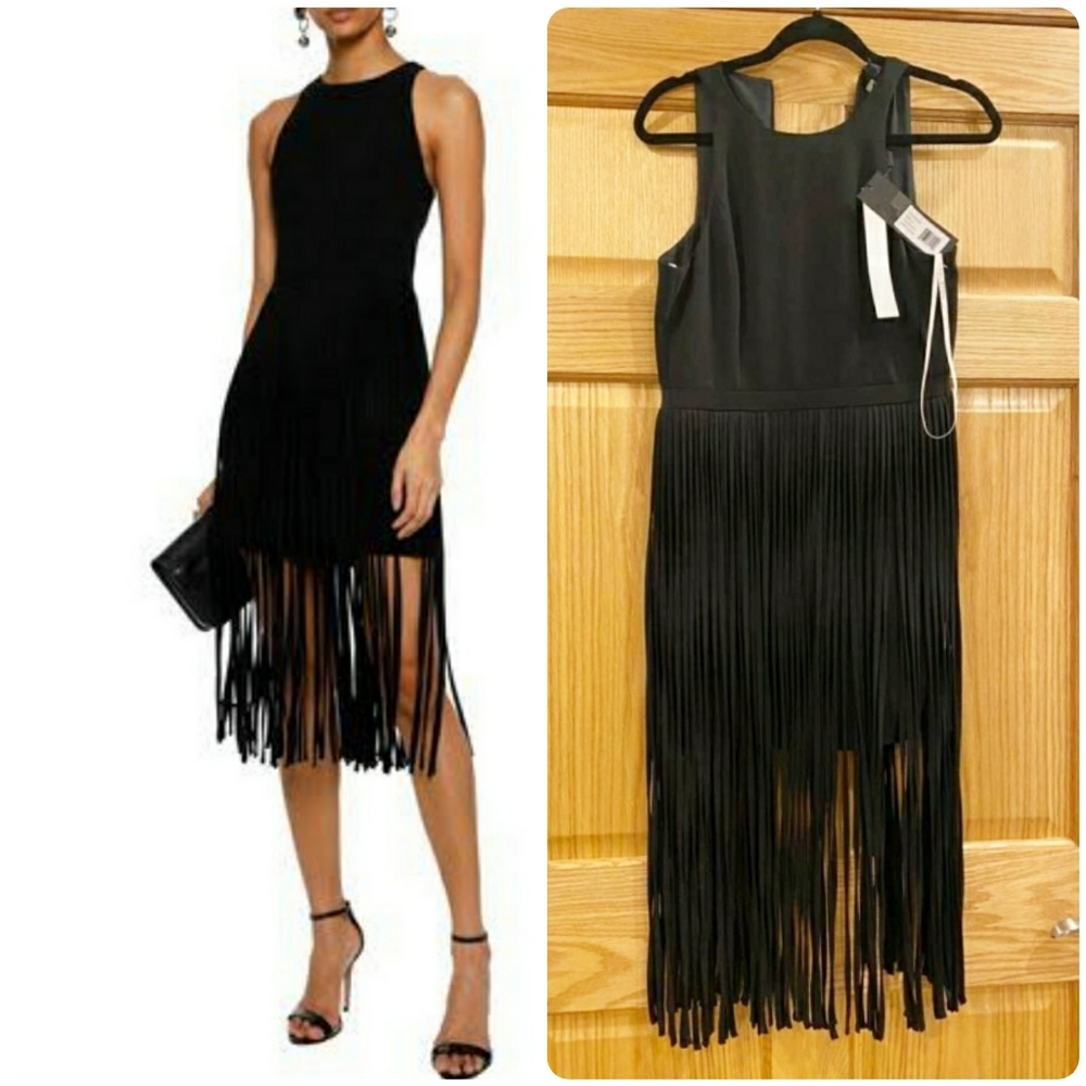 Halston Heritage Fringed Crepe Mini Dress - Picture 1 of 11